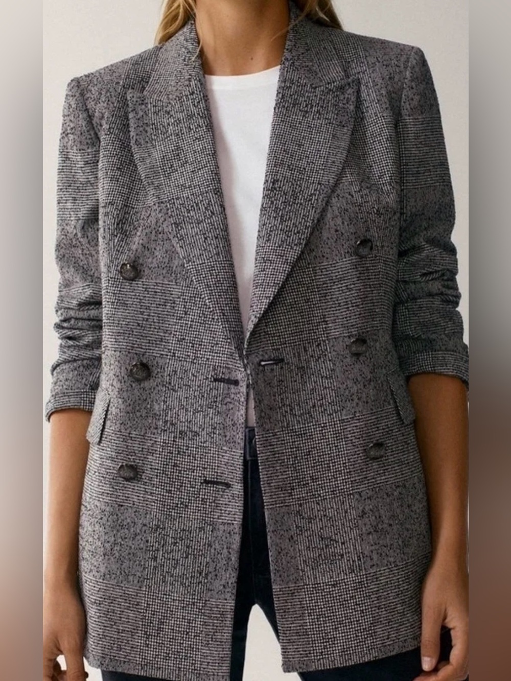 Massimo Dutti Gray Glen Plaid Double-Breasted Blazer